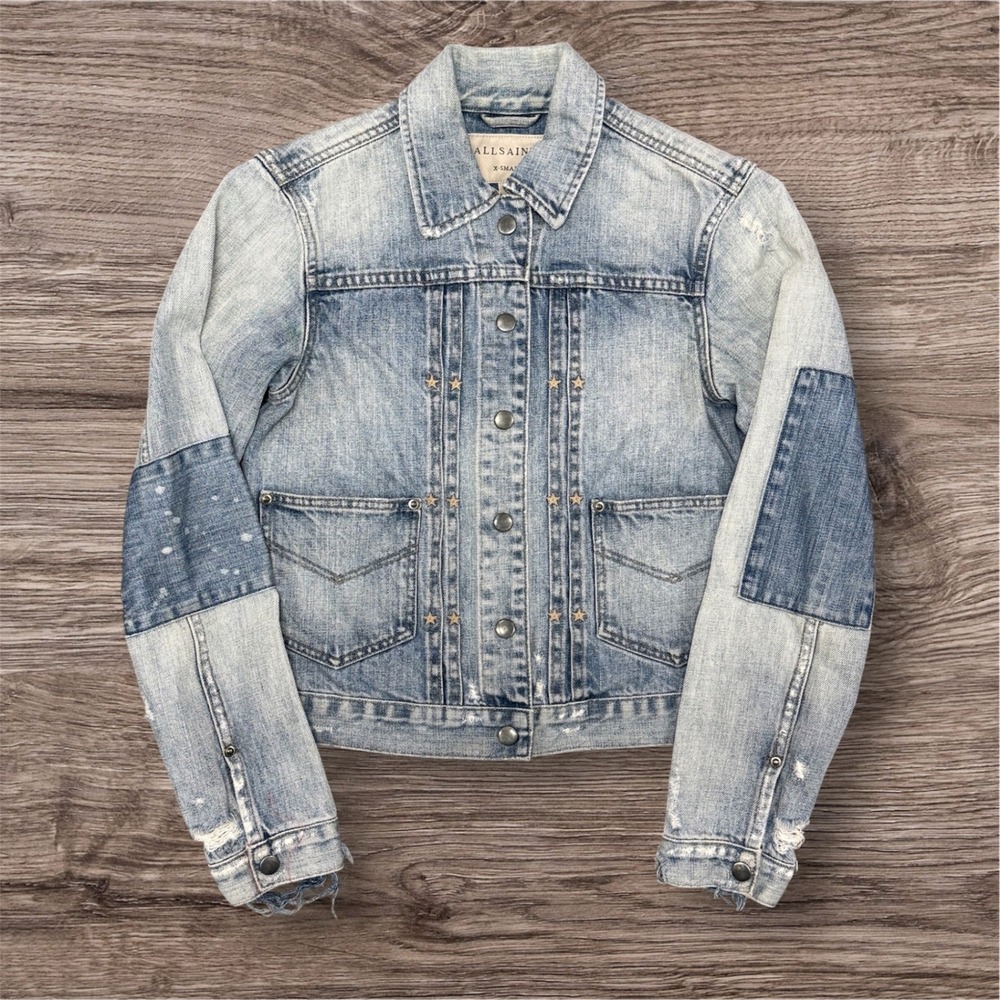 AllSaints Patchwork Star Studded Denim Jacket XS Light Wash Distressed